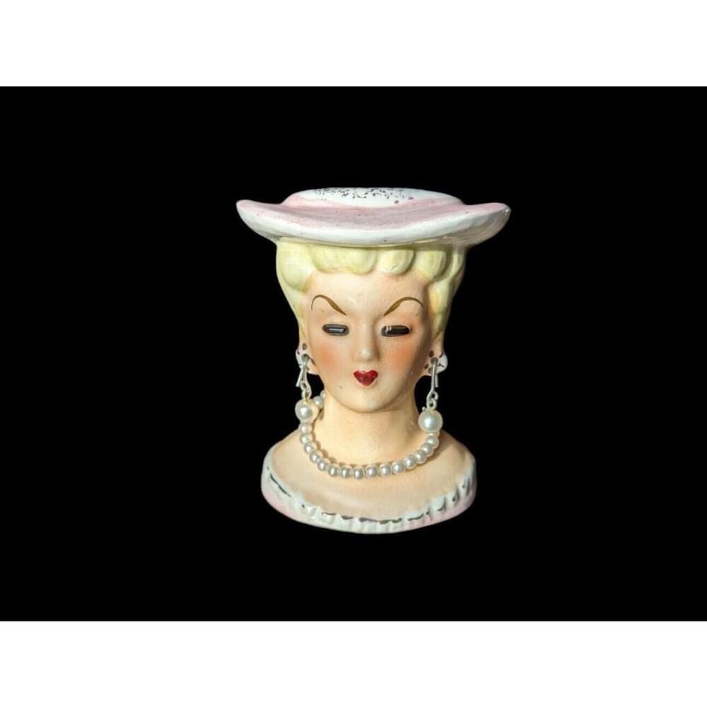 Vintage '50s Japan MINI Lady Head Vase Pearl Earrings